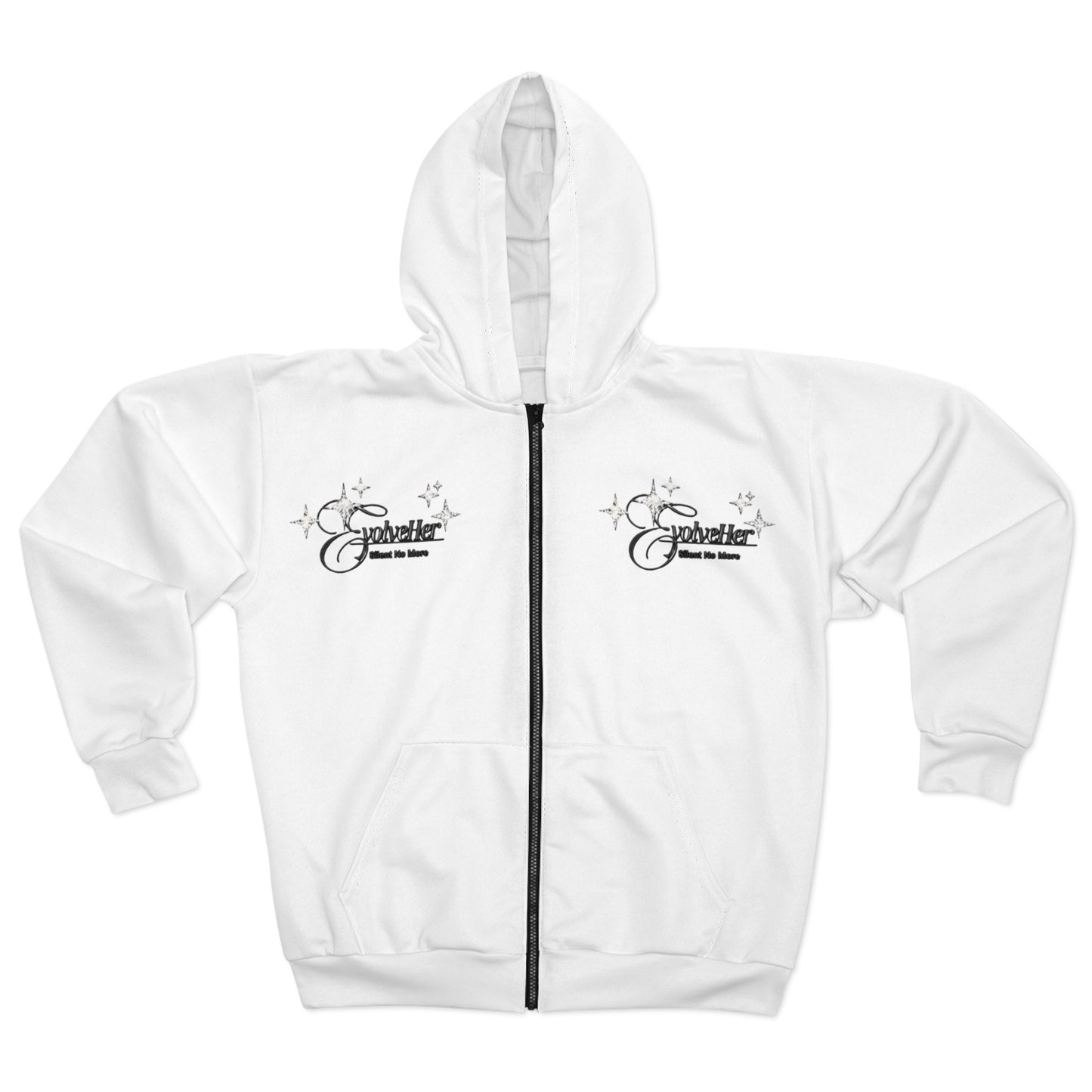 Zip Hoodie — Sparkle Script Chest Logo, Minimal White All-Over Print