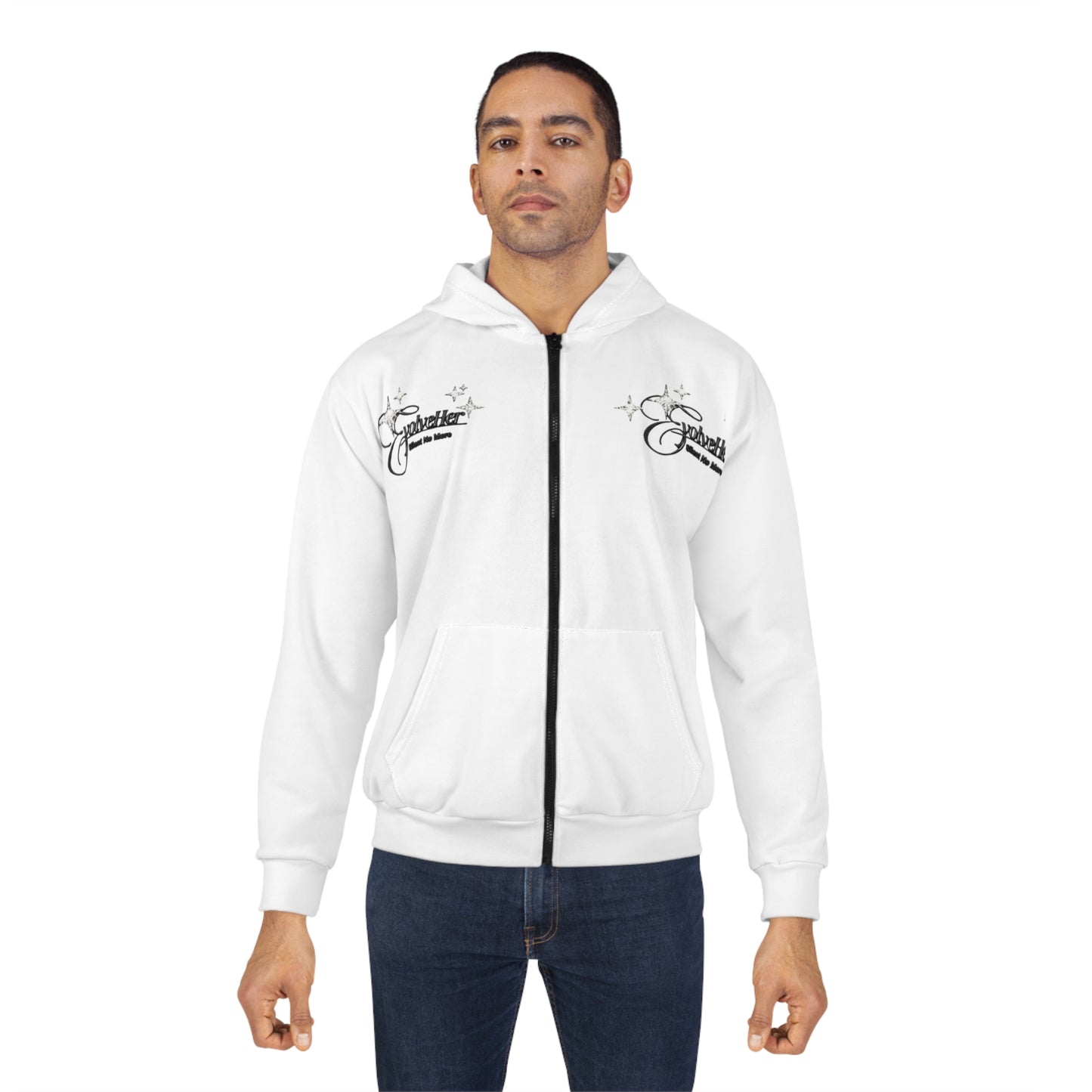 Zip Hoodie — Sparkle Script Chest Logo, Minimal White All-Over Print