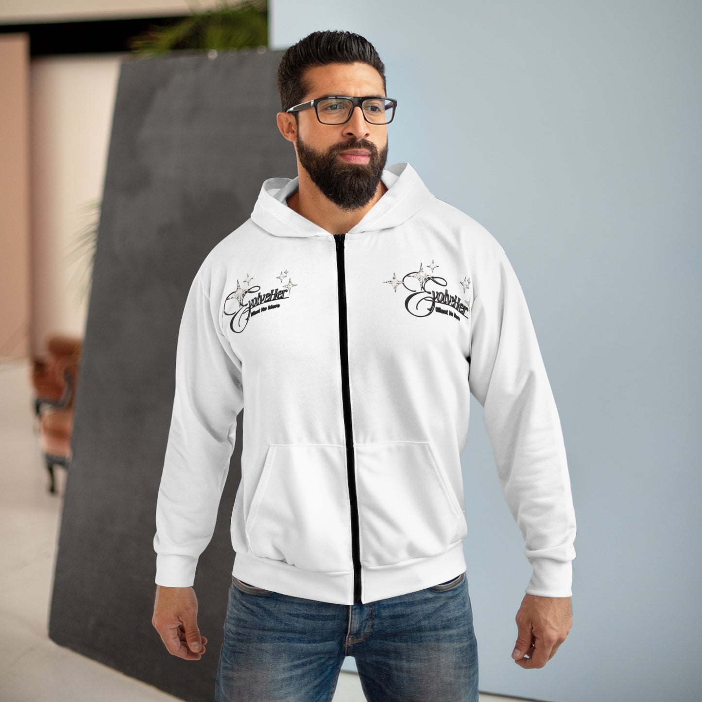 Zip Hoodie — Sparkle Script Chest Logo, Minimal White All-Over Print